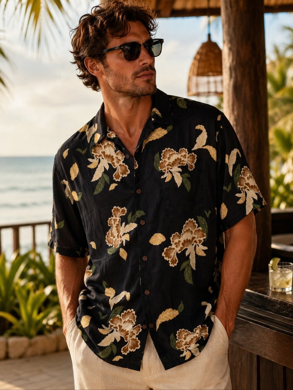 TOMMY BAHAMA Shirt Mens Large Black Silk Floral Hawaiian Camp Resort Vacation